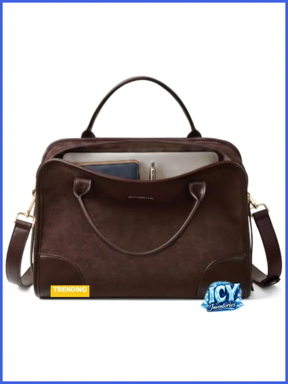 Women's Vintage Square Structured Satchel Handbag - Suede & Vegan Leather, Top